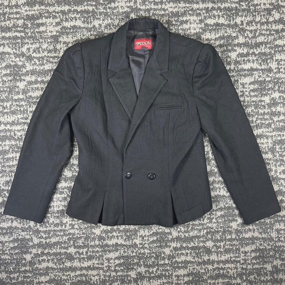 Sasson Blazer Jacket Womens 12 Black Vintage Wool Blend Double Breasted Pleated